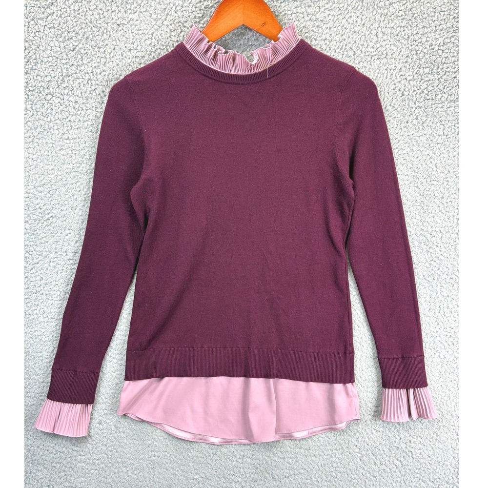 Vila Milano Layered Knit Sweater Womens S Burgundy Pleated Ruffle Office Casual